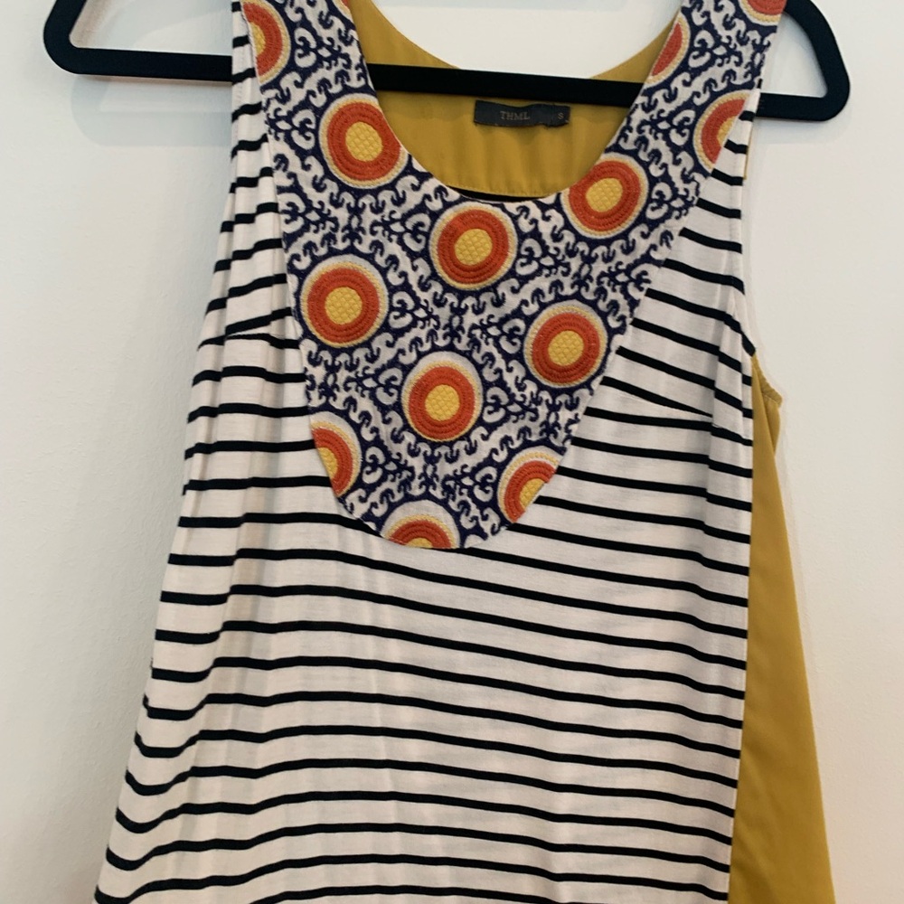 THML Black and White Striped Tank Top with Gold Accents